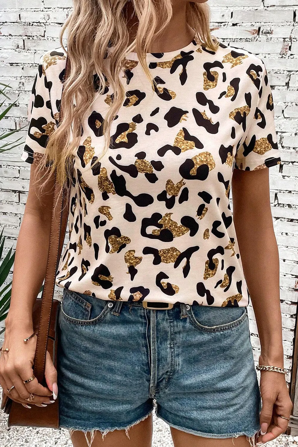 Apricot Leopard Print Round Neck Casual T Shirt