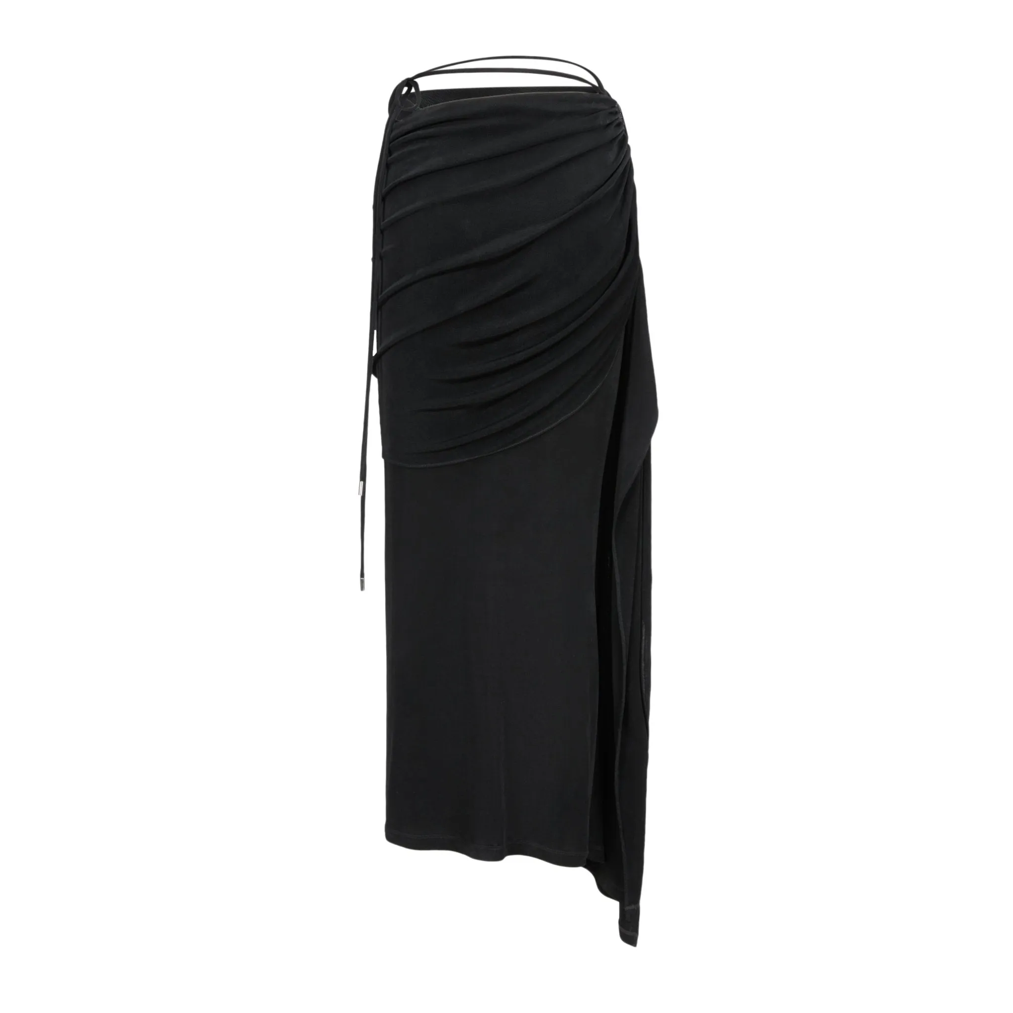 Asymmetric Pleated Draped Maxi Skirt in Black