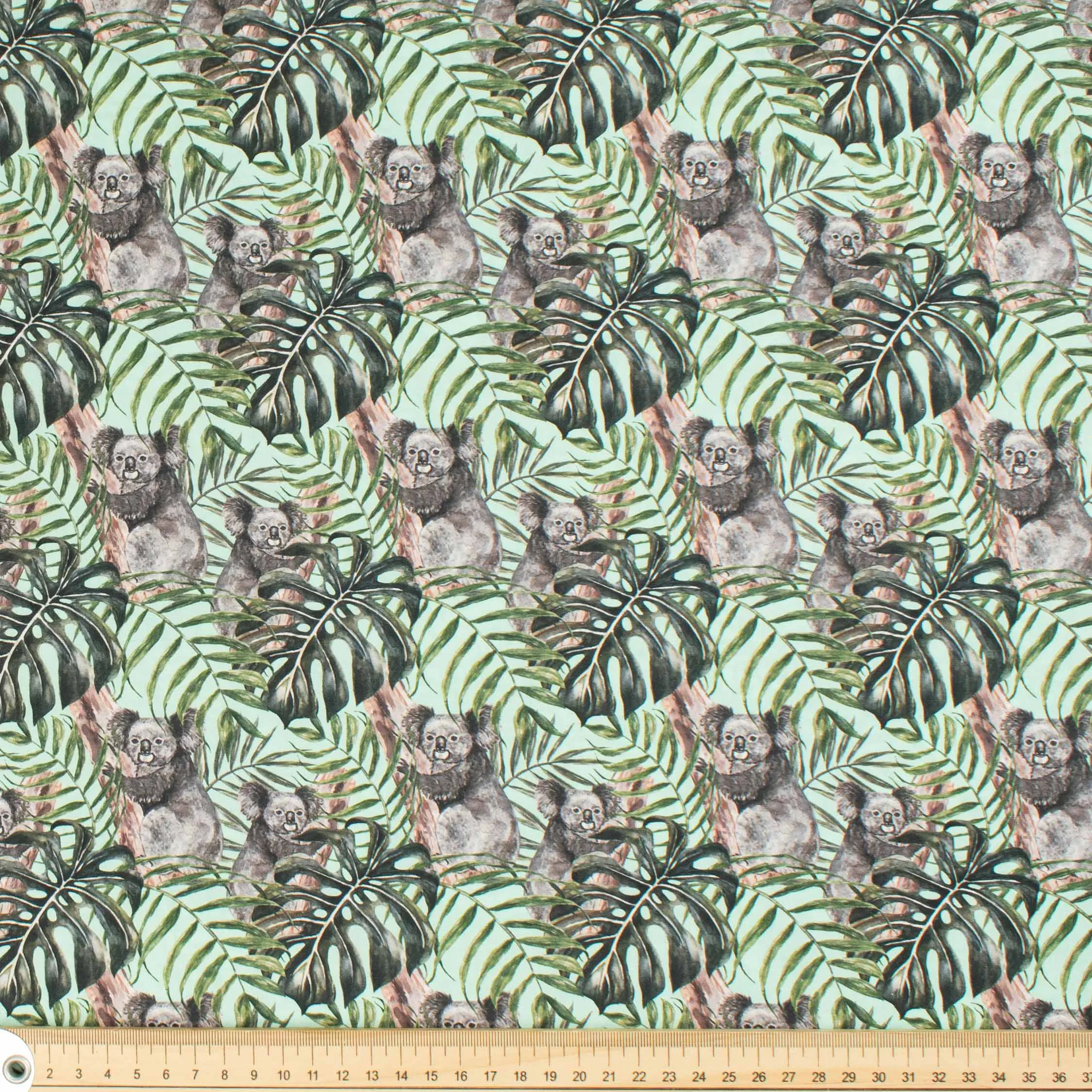 Australiana/Aboriginal Inspired Cotton Prints Design - Koala & Leaf on Light Turquoise