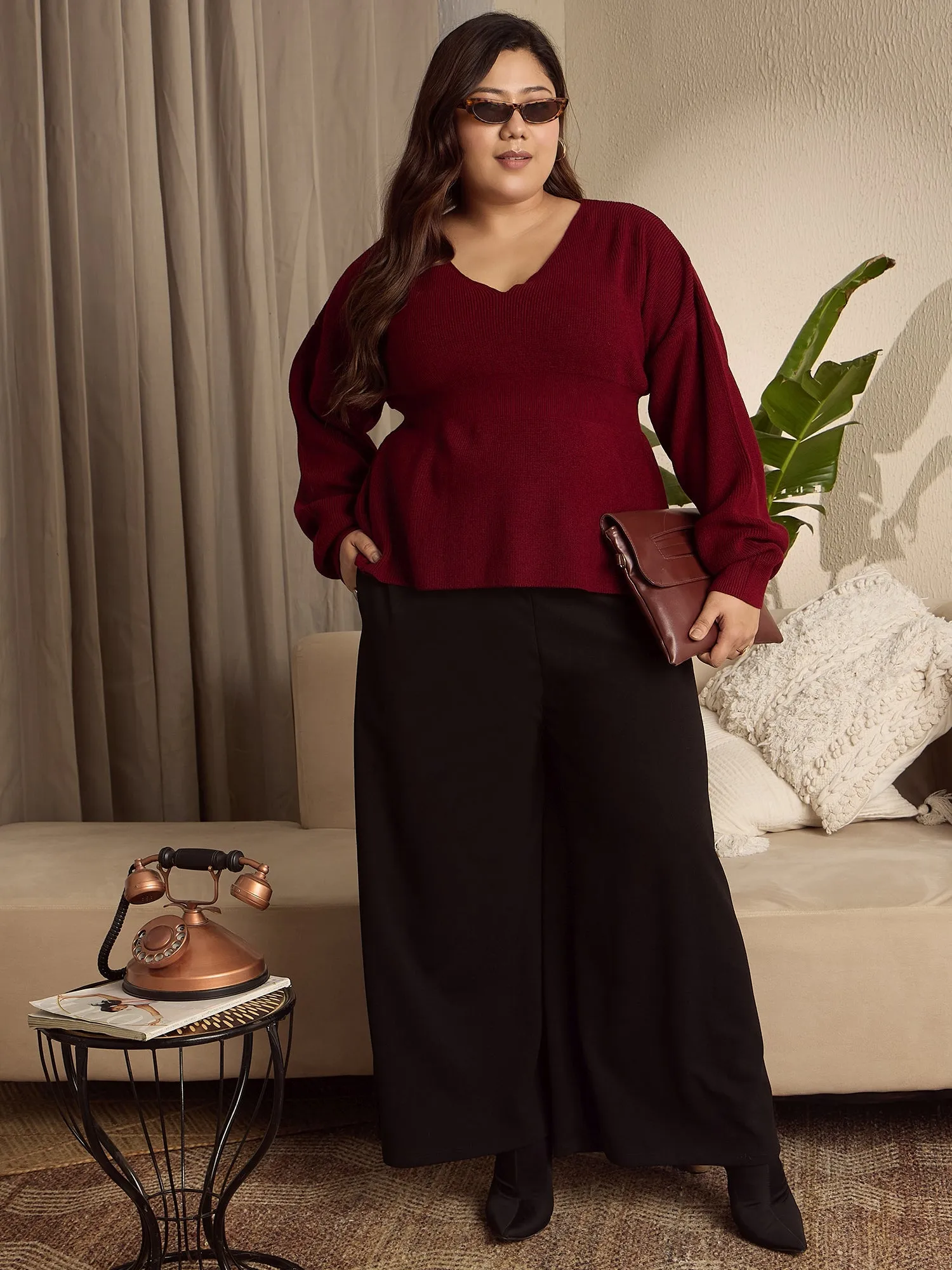 Berrylush Curve Women Solid Maroon V-Neck Drop-Shoulder Sleeves Acrylic Curved Hem Regular Peplum Pullover