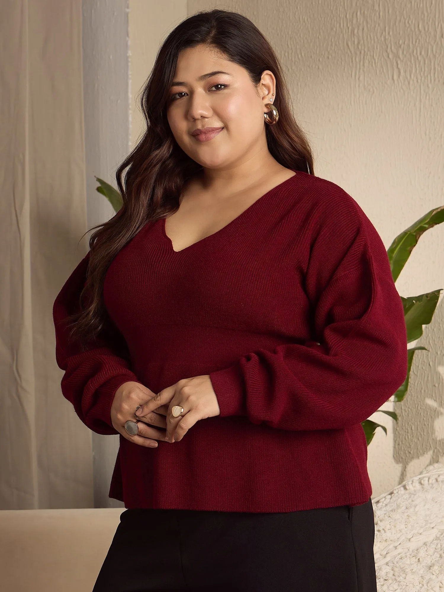 Berrylush Curve Women Solid Maroon V-Neck Drop-Shoulder Sleeves Acrylic Curved Hem Regular Peplum Pullover