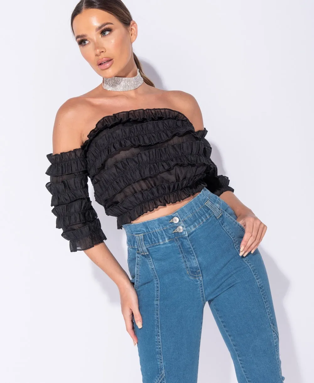 Black Bardot Frill Detail Crop Top