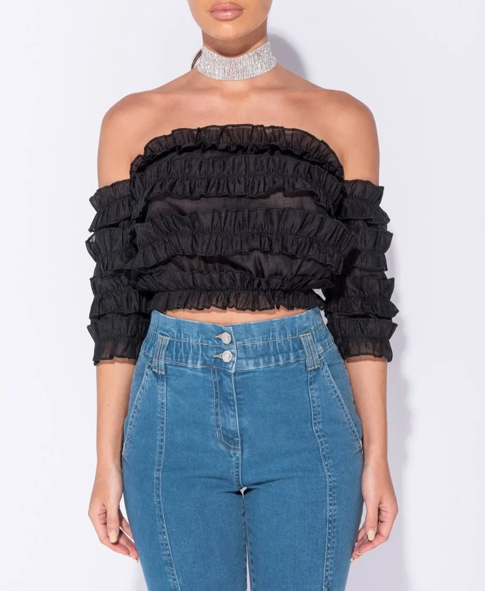 Black Bardot Frill Detail Crop Top