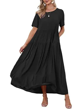 Black Dresses Casual Plus Size Bohemian Short Sleeve Floral Long Maxi Summer Beach Swing Dress/Pockets - YESNO