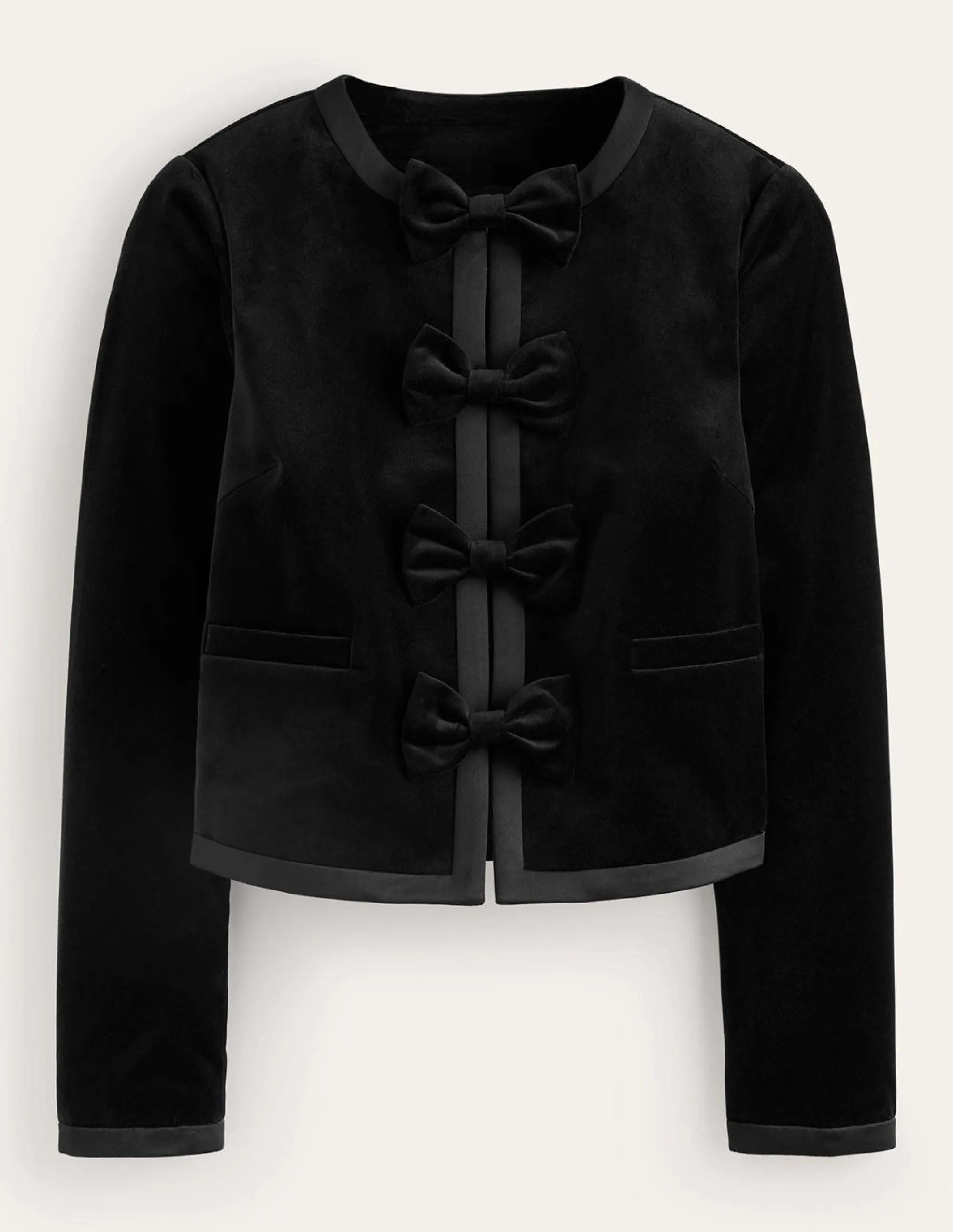 Bow-Trim Collarless Jacket-Black