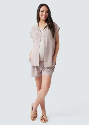 Breezy Linen Maternity Shirt Short Sleeve Button Up