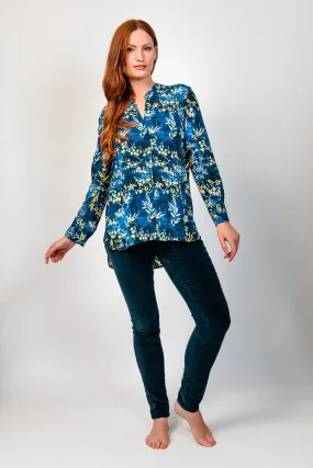 Brigit Gold Leaf Cobalt Mandarin Shirt