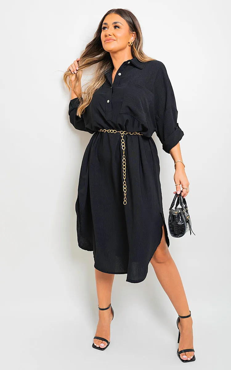 Button Down Pull Up Sleeve Midi Dress with Front Pocket