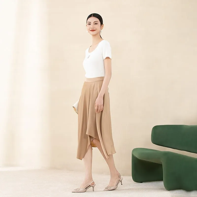 Camel Acetate Irregular Midi Skirt