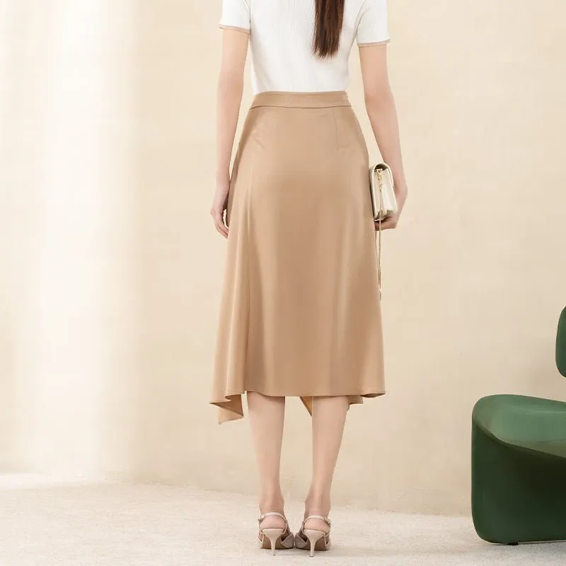 Camel Acetate Irregular Midi Skirt