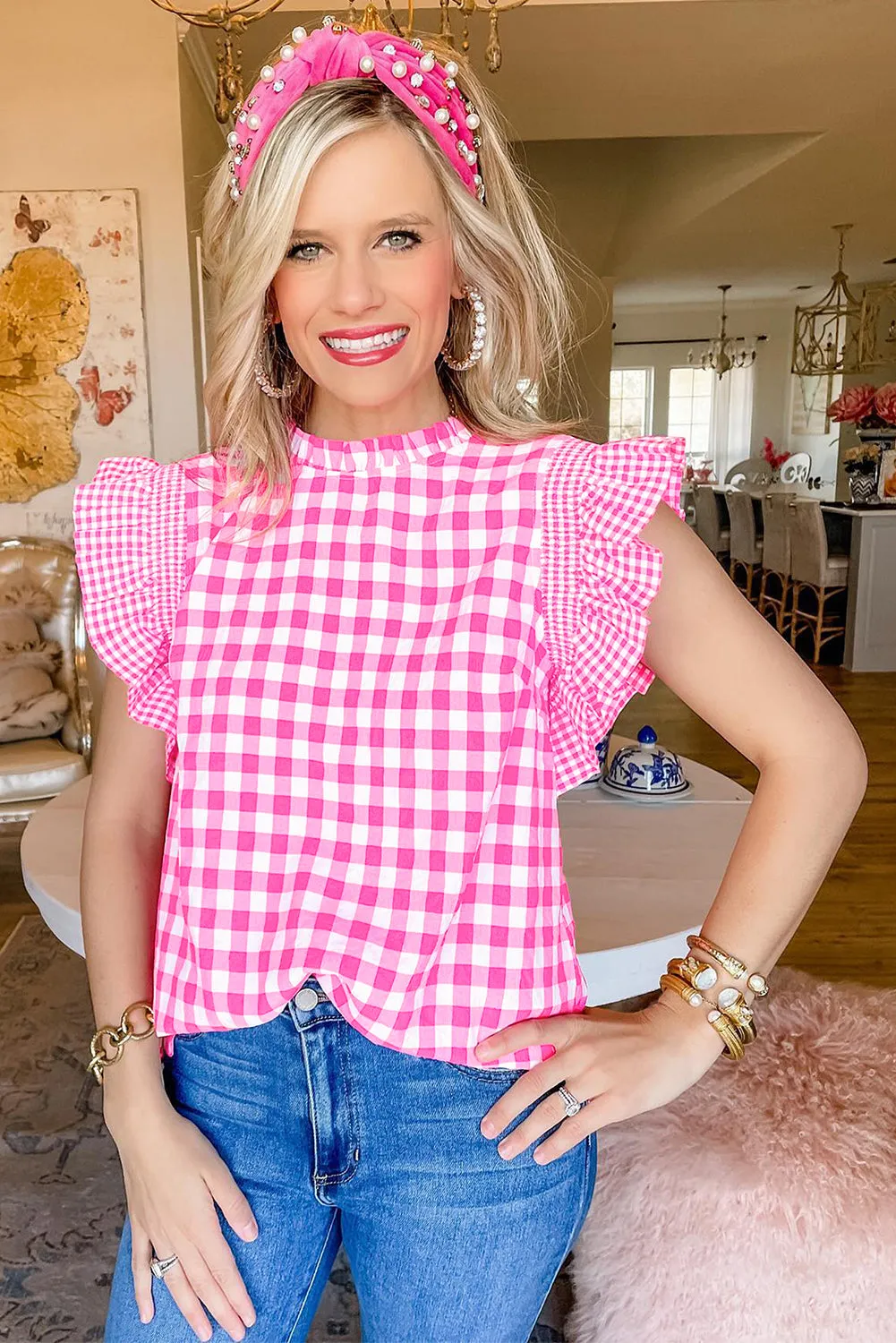 Checkered Ruffled Sleeve Frilled Neck Blouse