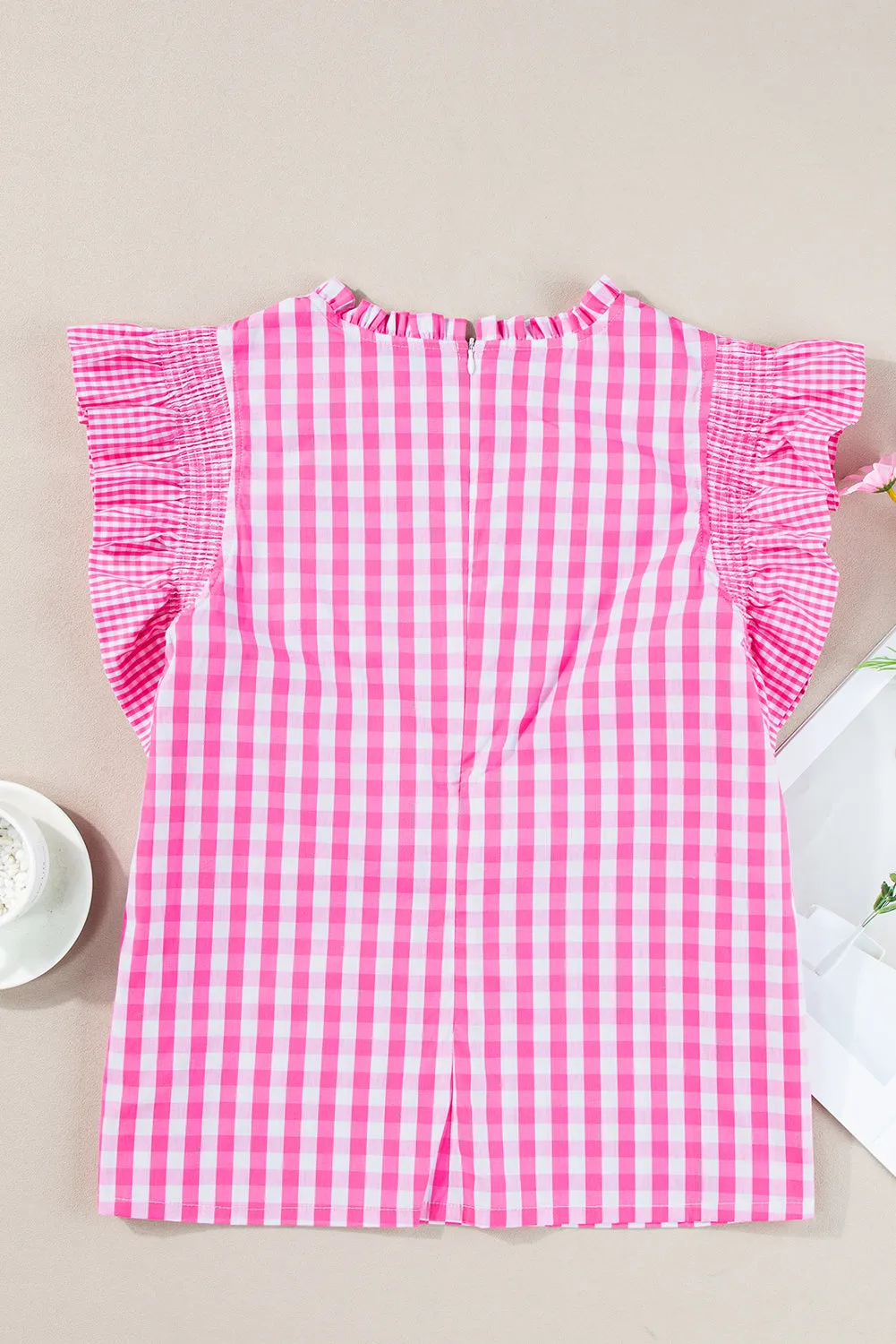 Checkered Ruffled Sleeve Frilled Neck Blouse