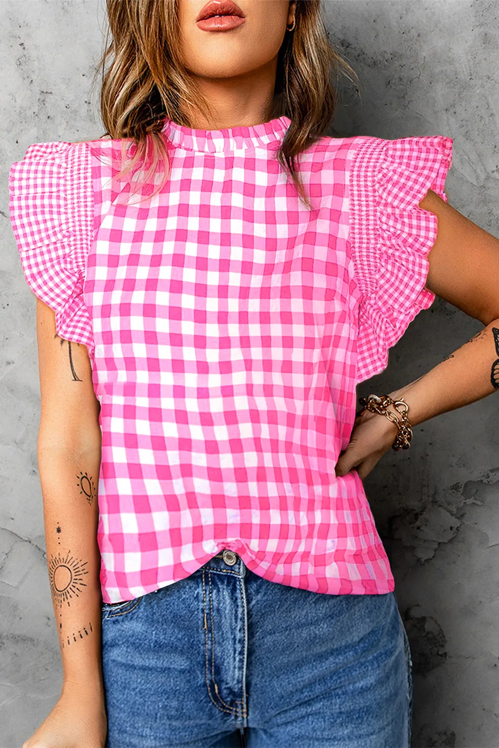 Checkered Ruffled Sleeve Frilled Neck Blouse