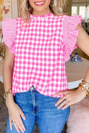 Checkered Ruffled Sleeve Frilled Neck Blouse