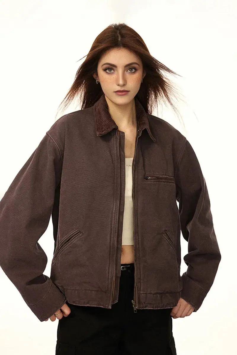 Classic Cropped  Brown Corduroy Bomber Jacket