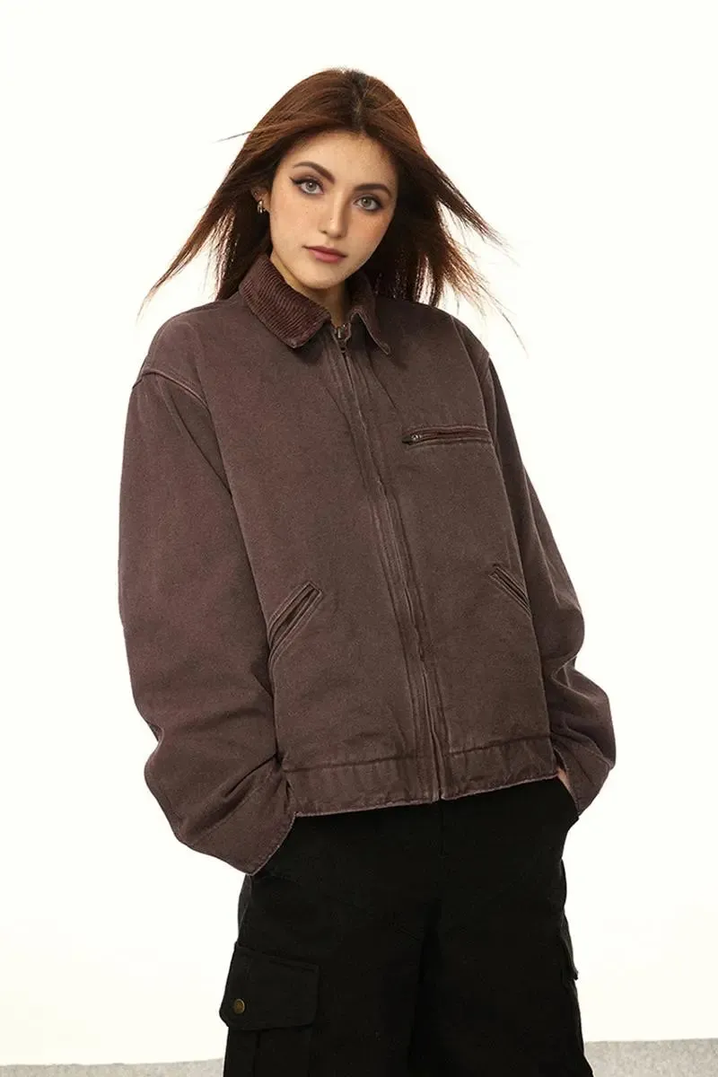 Classic Cropped  Brown Corduroy Bomber Jacket