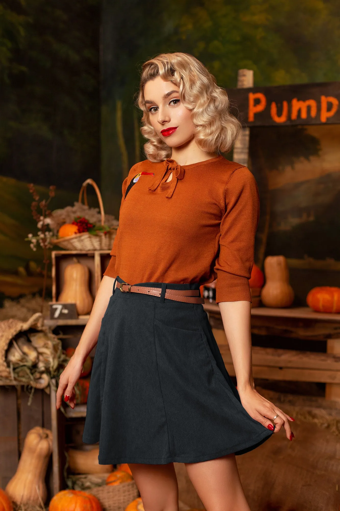 Corduroy Skirt with Pockets and Belt Basic Versatile Mini Skater Skirts