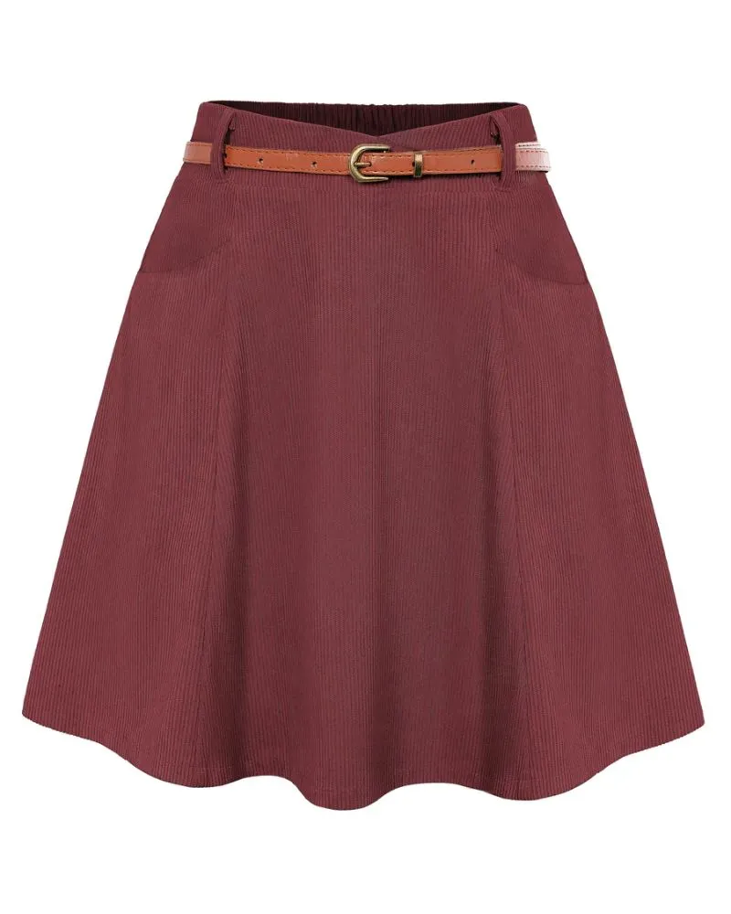 Corduroy Skirt with Pockets and Belt Basic Versatile Mini Skater Skirts