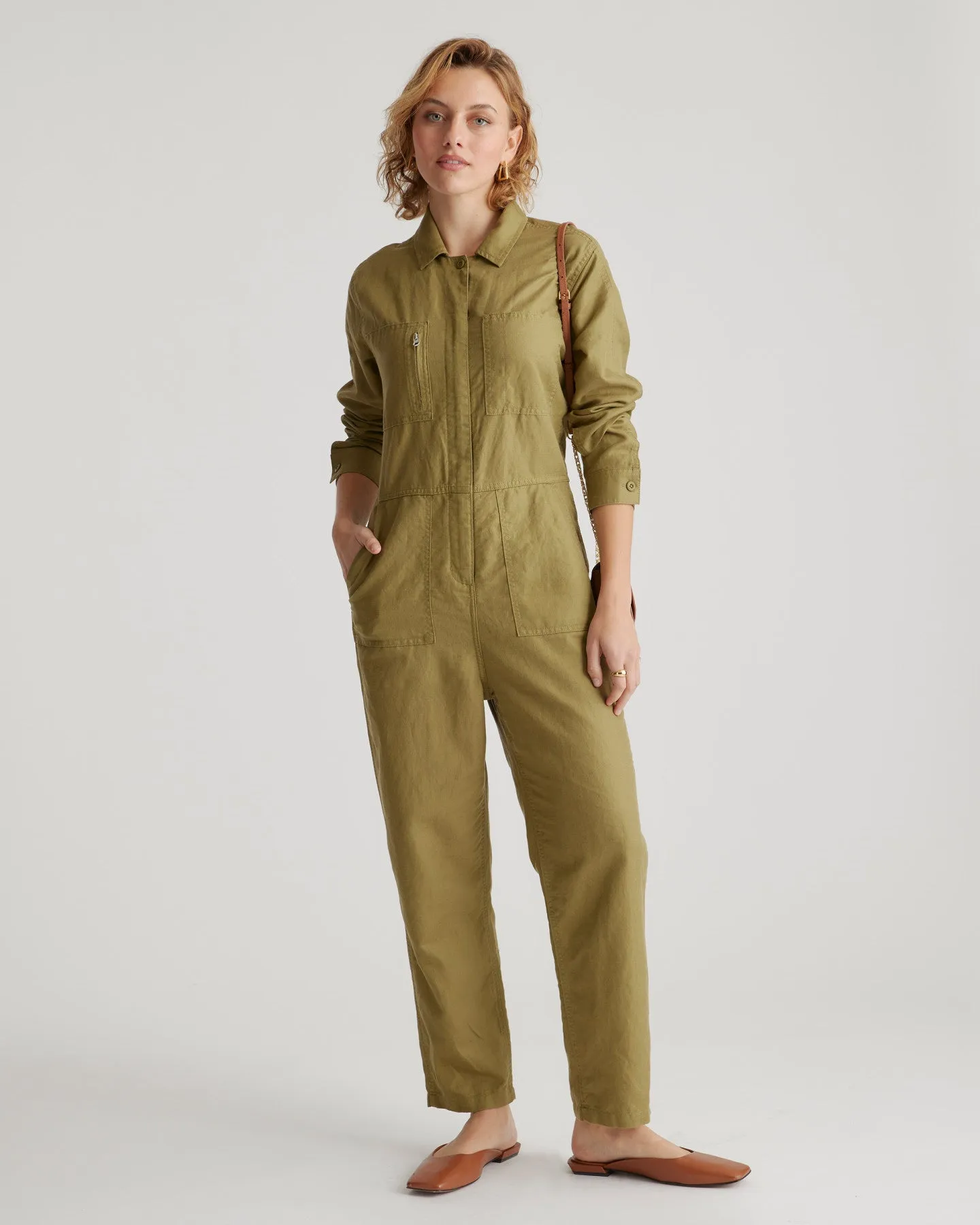 Cotton Linen Twill Long Sleeve Coverall Jumpsuit