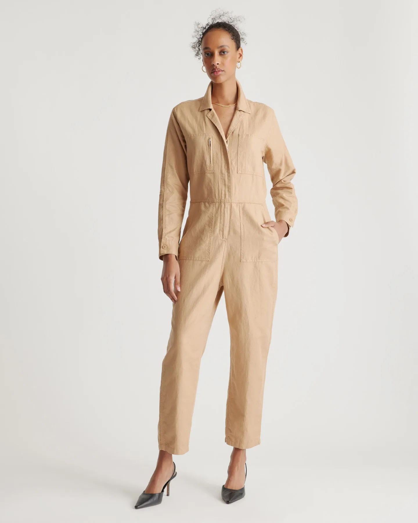 Cotton Linen Twill Long Sleeve Coverall Jumpsuit