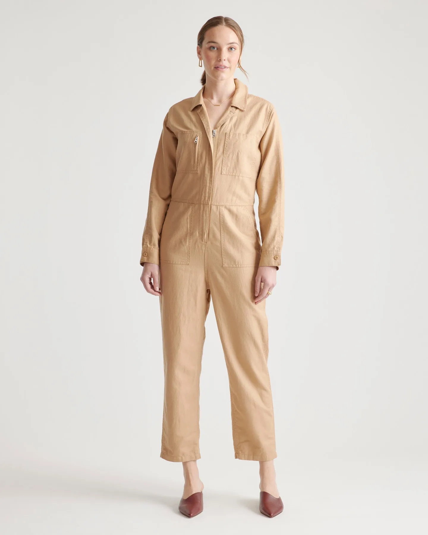 Cotton Linen Twill Long Sleeve Coverall Jumpsuit