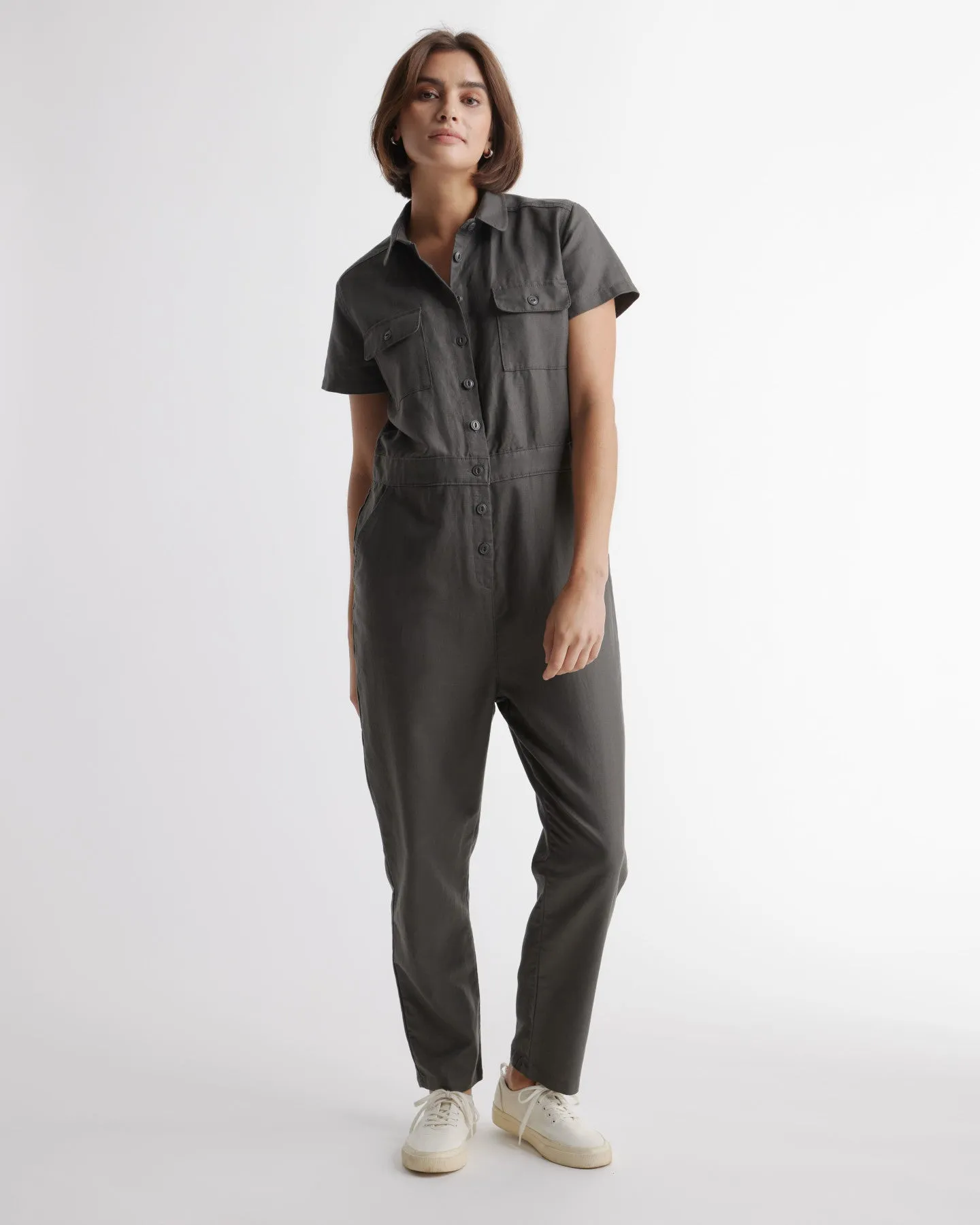 Cotton Linen Twill Short Sleeve Coverall Jumpsuit