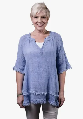 Crinkle Linen Raw Edge Top Periwinkle