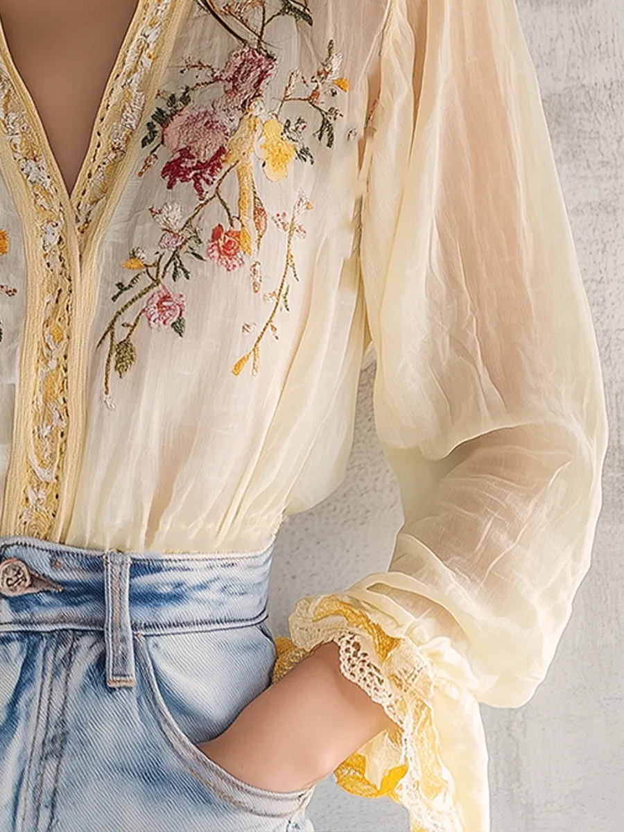 Delicate Floral Embroidery Blouse