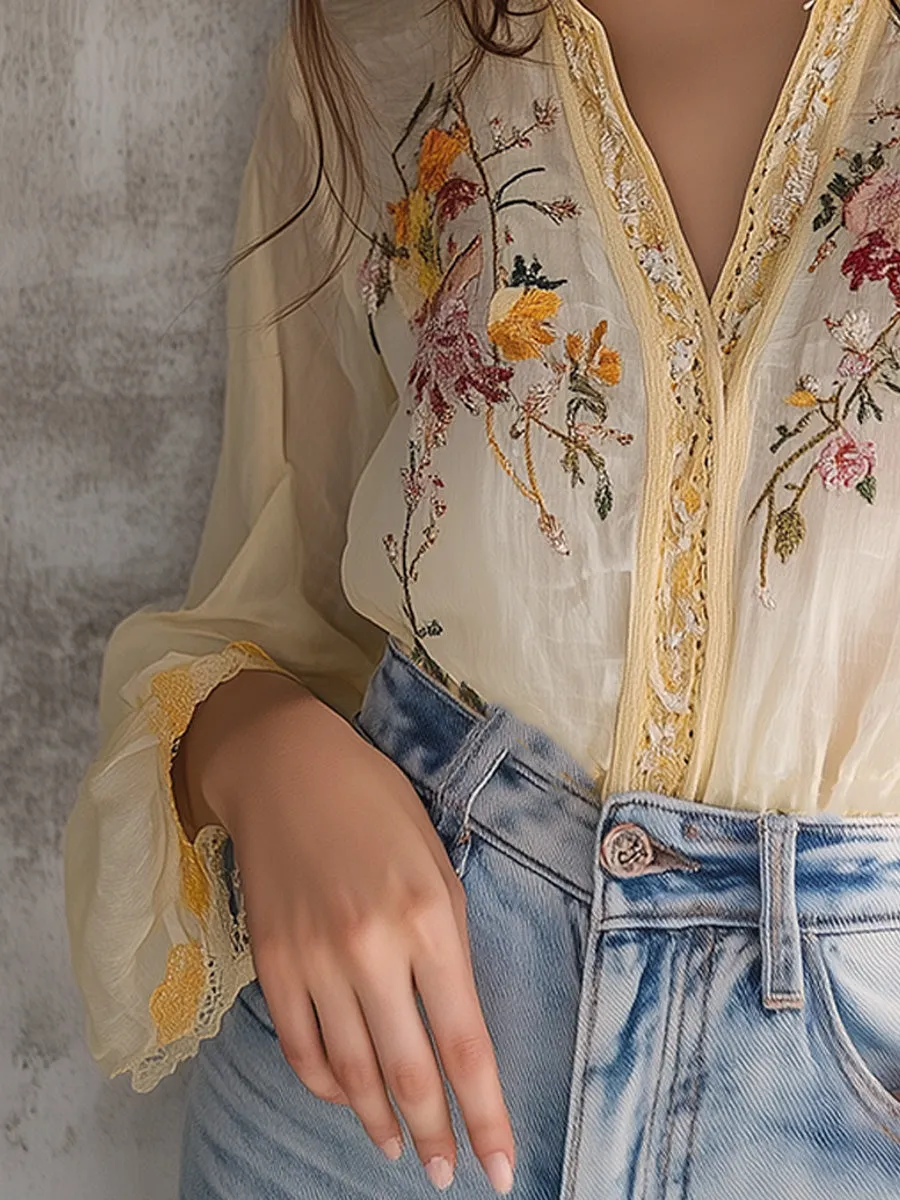 Delicate Floral Embroidery Blouse