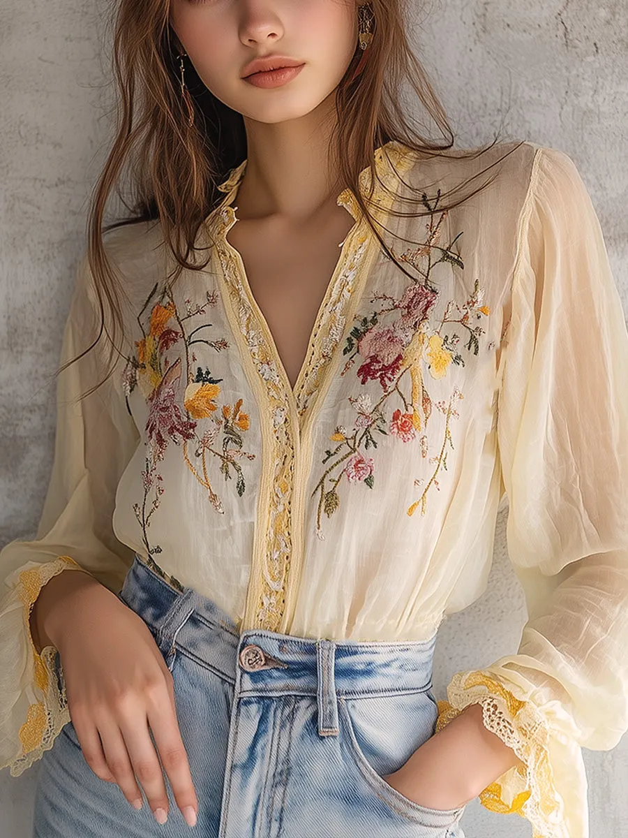 Delicate Floral Embroidery Blouse