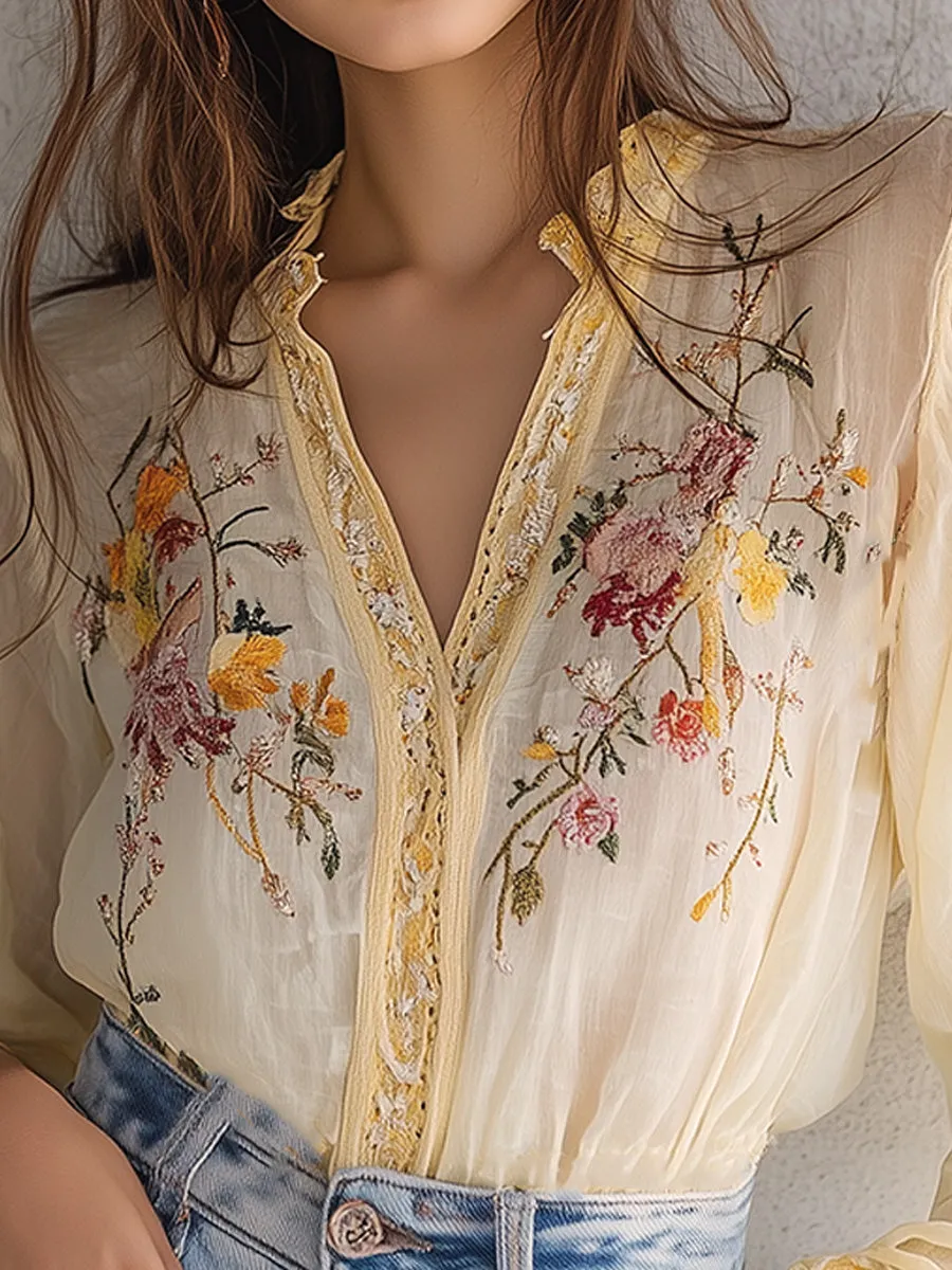 Delicate Floral Embroidery Blouse