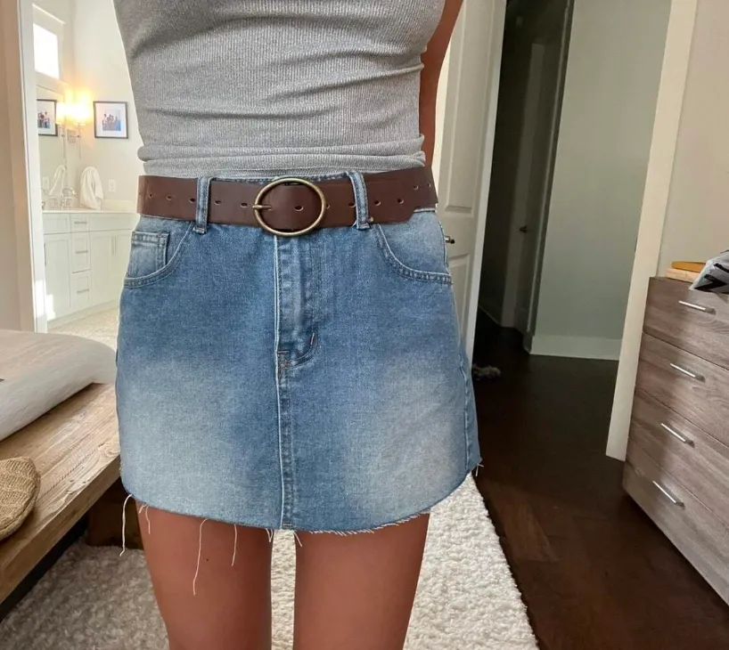 Denim Skirts Single Button Raw Hem