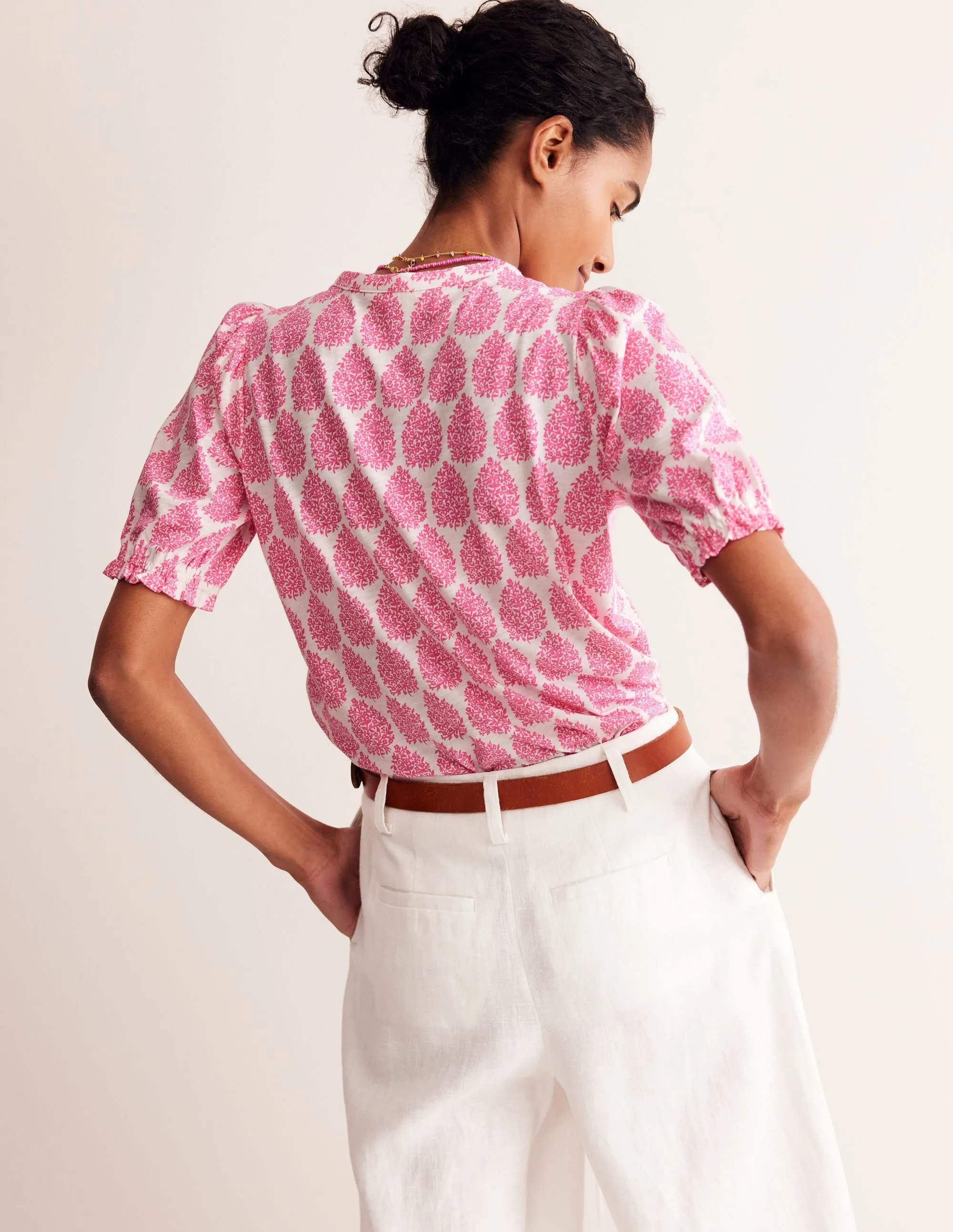 Dolly Puff Sleeve Jersey Shirt-Sangria Sunset, Floret Paisley