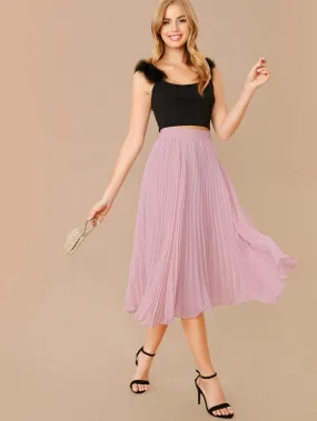 Elastic Waist Pleated Chiffon Midi Skirt