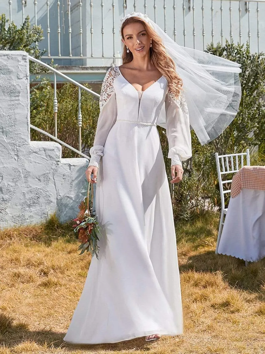 Elegant Simple Chiffon Wedding Dress with Long Puff Sleeves