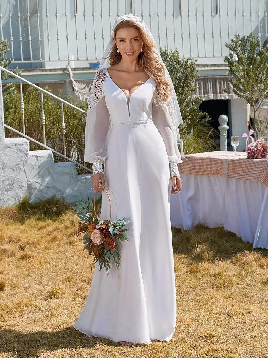 Elegant Simple Chiffon Wedding Dress with Long Puff Sleeves