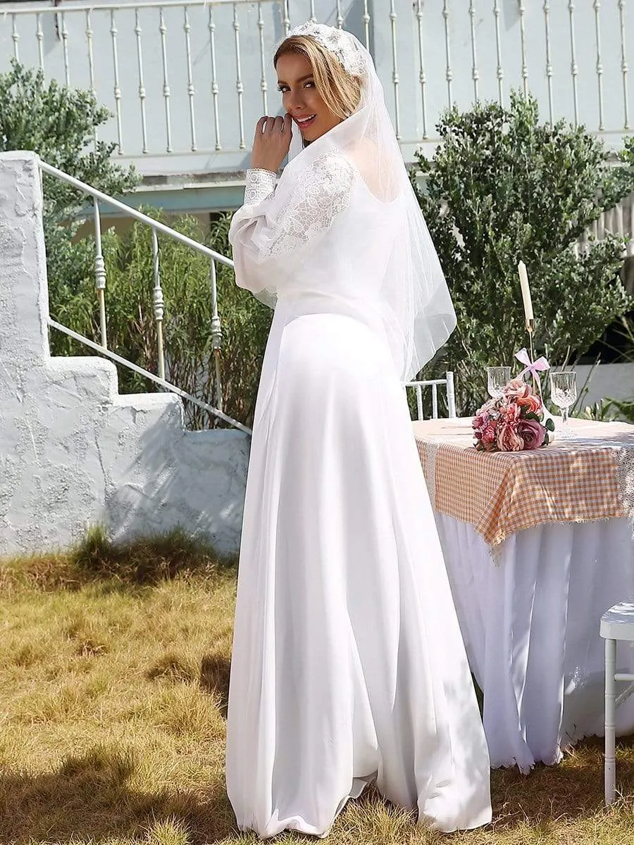 Elegant Simple Chiffon Wedding Dress with Long Puff Sleeves