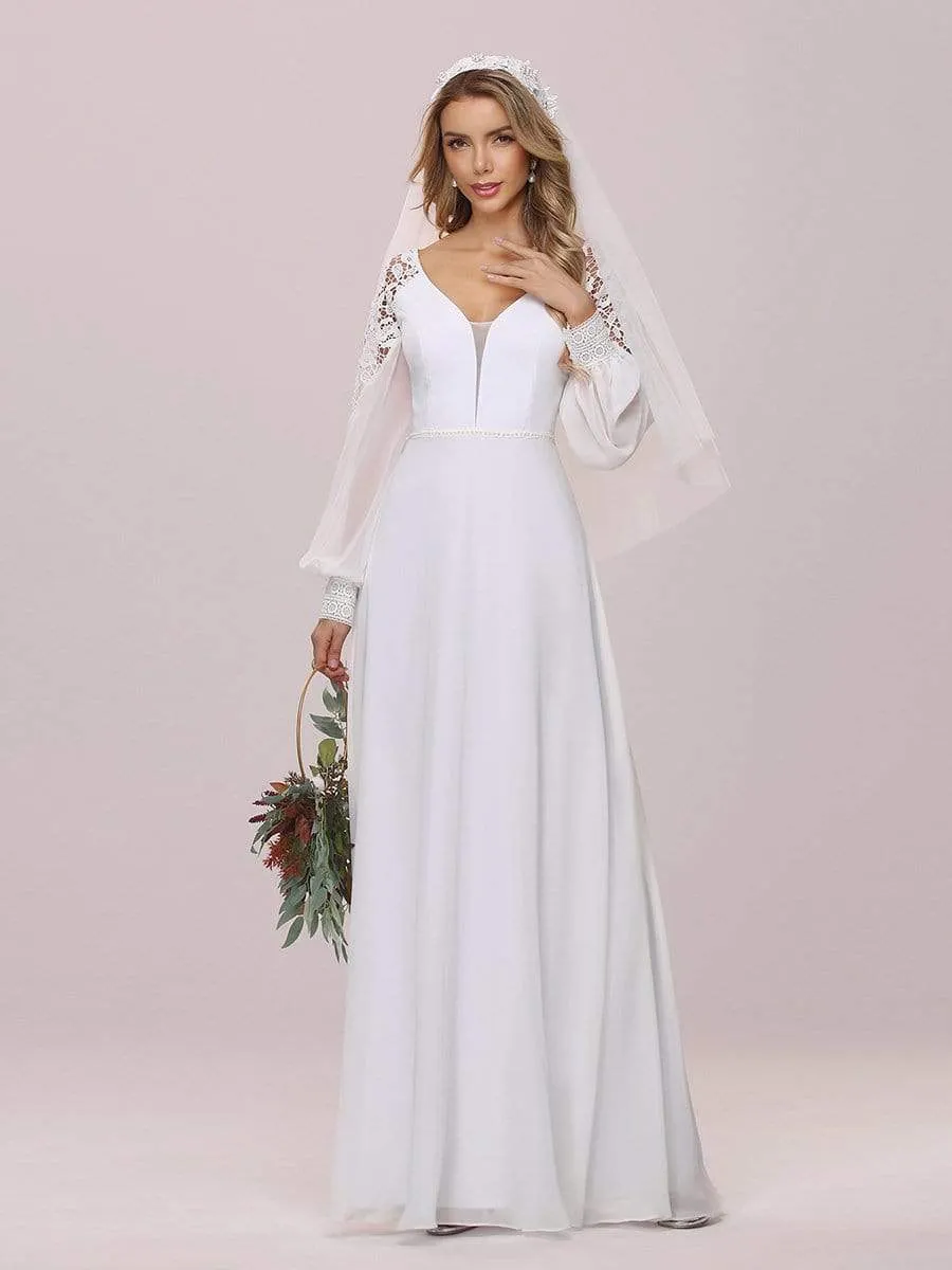 Elegant Simple Chiffon Wedding Dress with Long Puff Sleeves