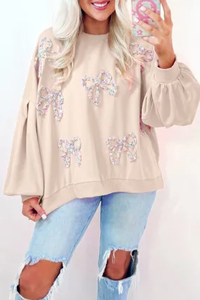 Embroidered Bow Lantern Sleeve Oversized Pullover Sweatshirt