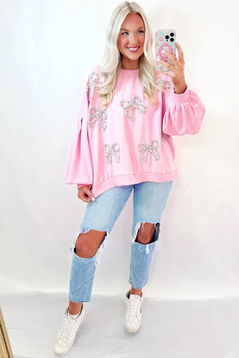 Embroidered Bow Lantern Sleeve Oversized Pullover Sweatshirt