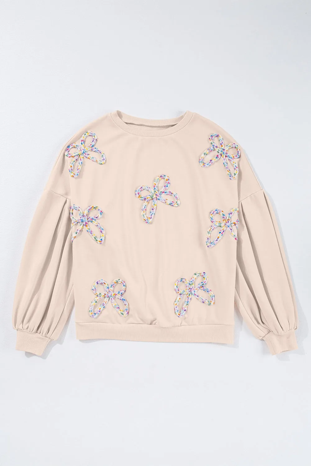 Embroidered Bow Lantern Sleeve Oversized Pullover Sweatshirt