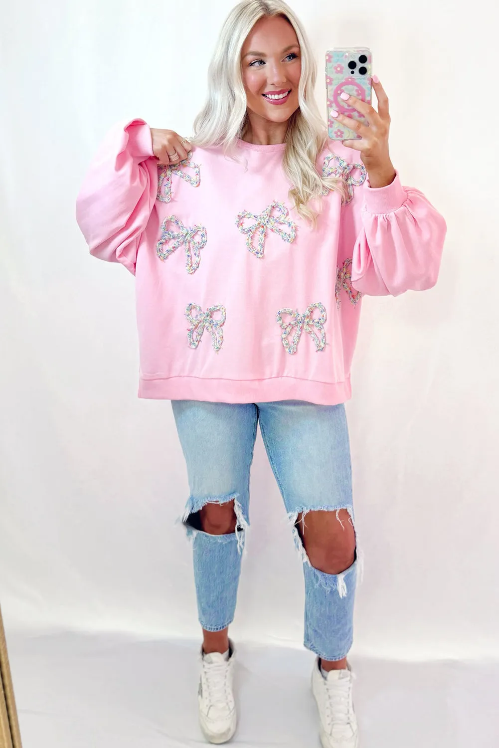 Embroidered Bow Lantern Sleeve Oversized Pullover Sweatshirt