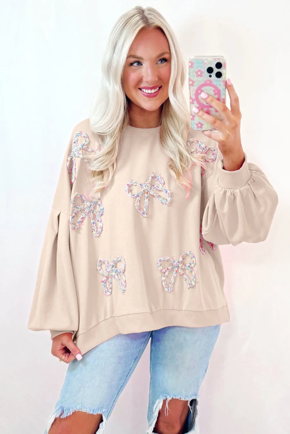 Embroidered Bow Lantern Sleeve Oversized Pullover Sweatshirt