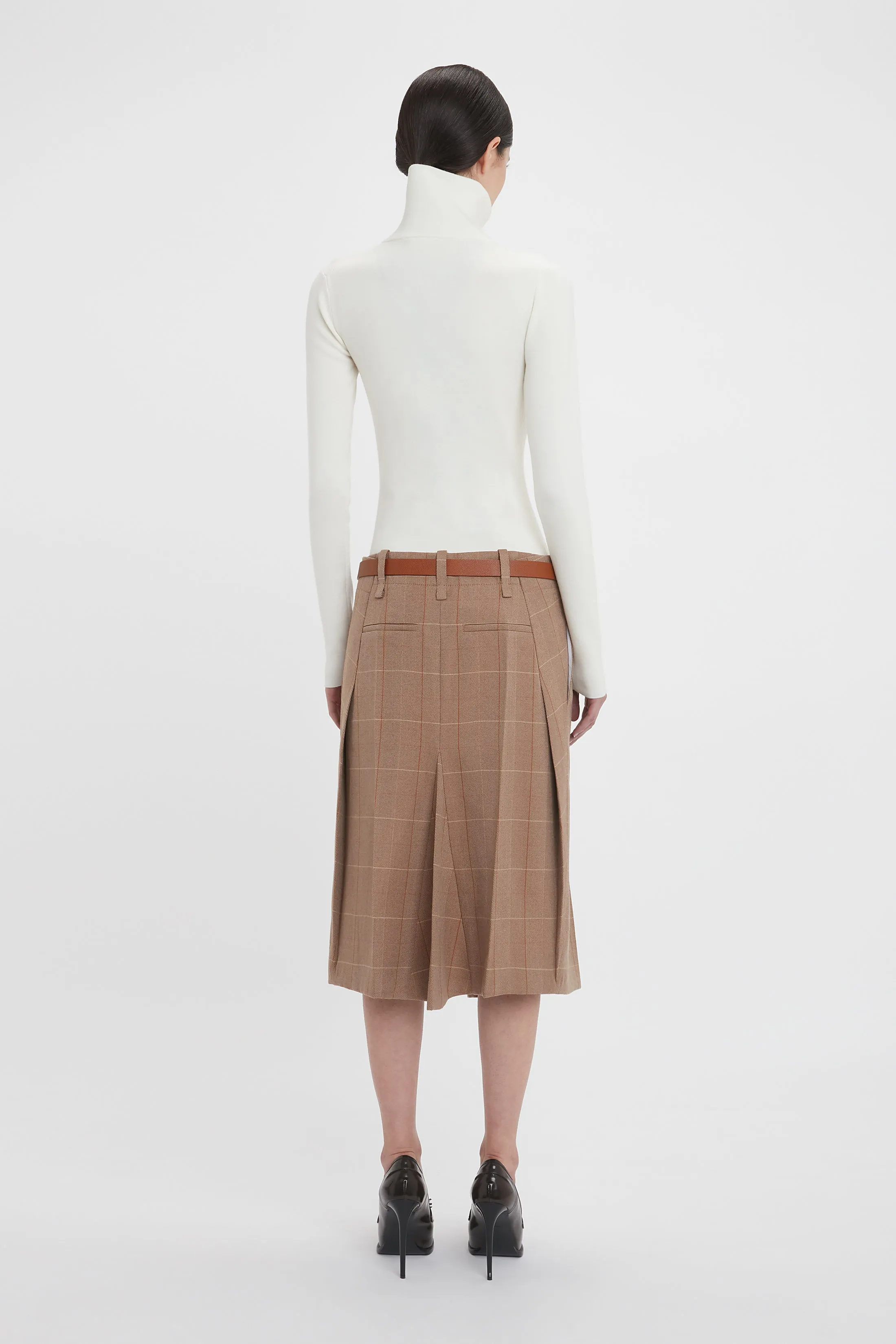 Exclusive Asymmetric Tailored Skirt In Camel-Multi Check