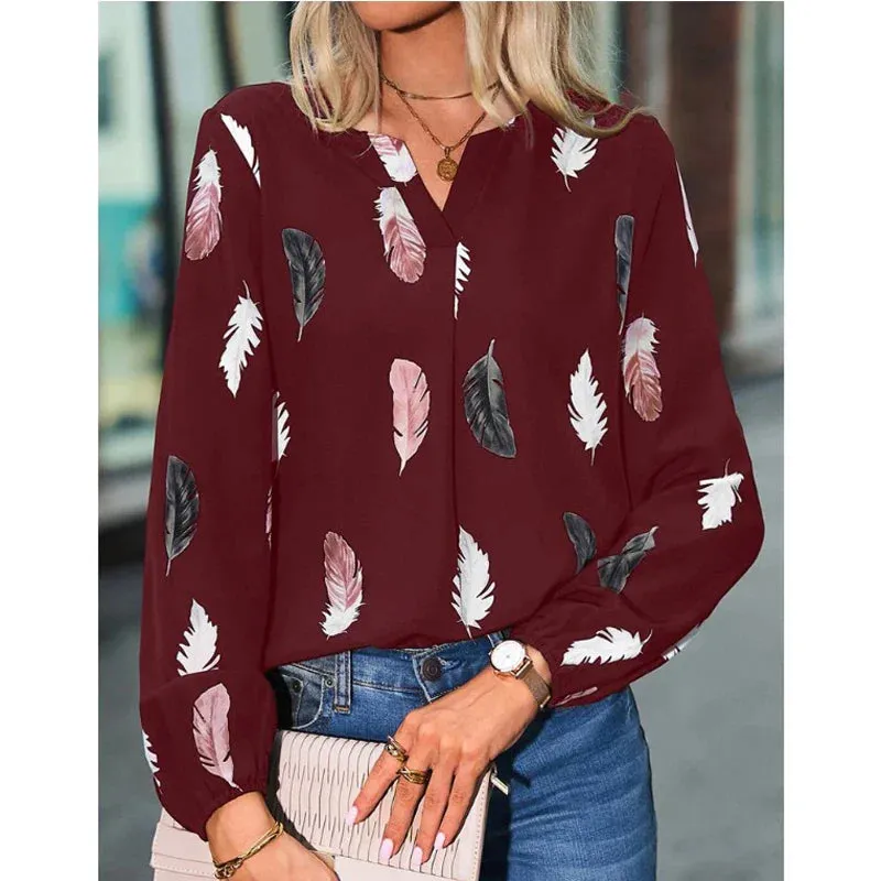 Feather Pattern Chiffon Blouse for Women