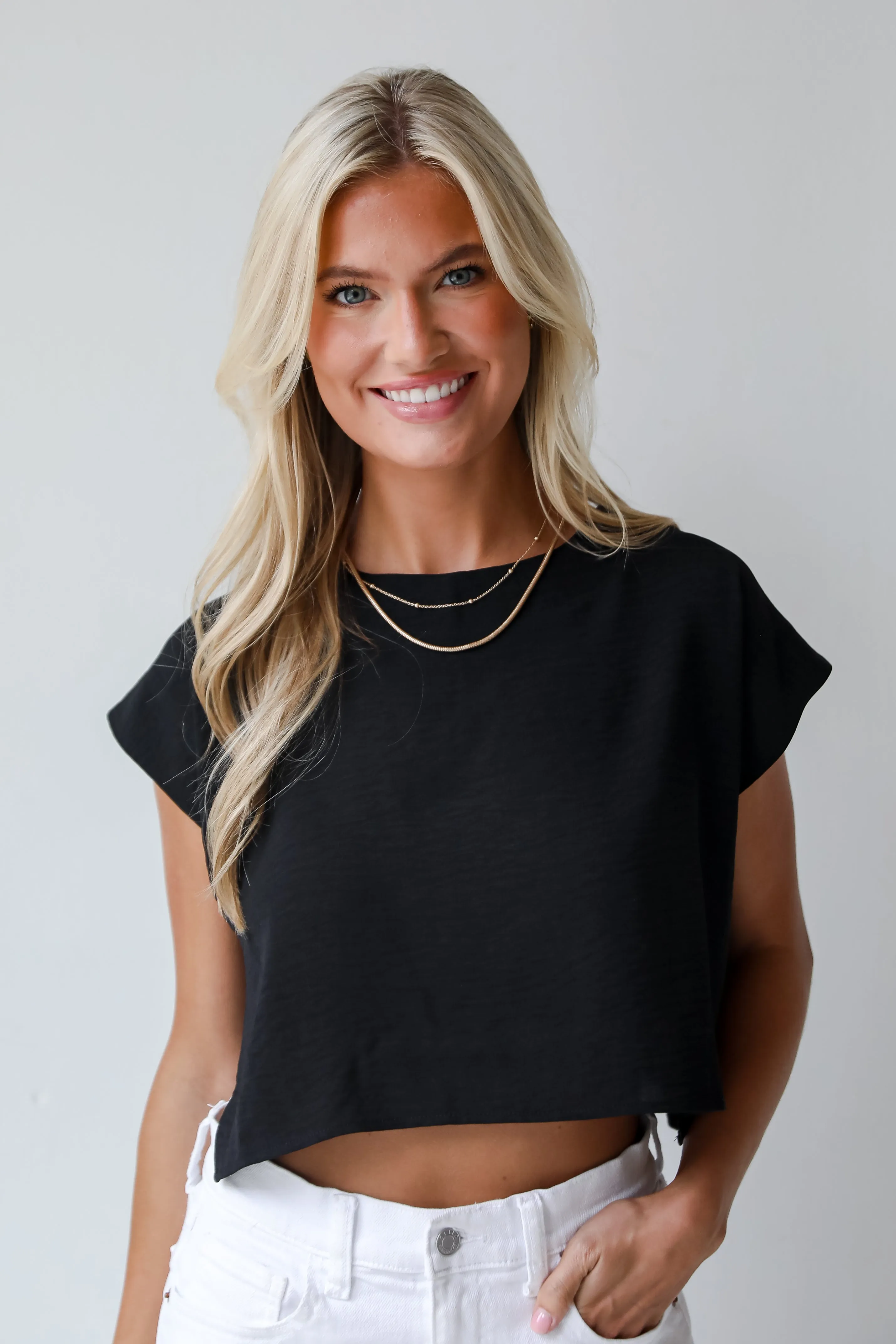 FINAL SALE - Effortless Escape Black Cropped Blouse - DU DEAL