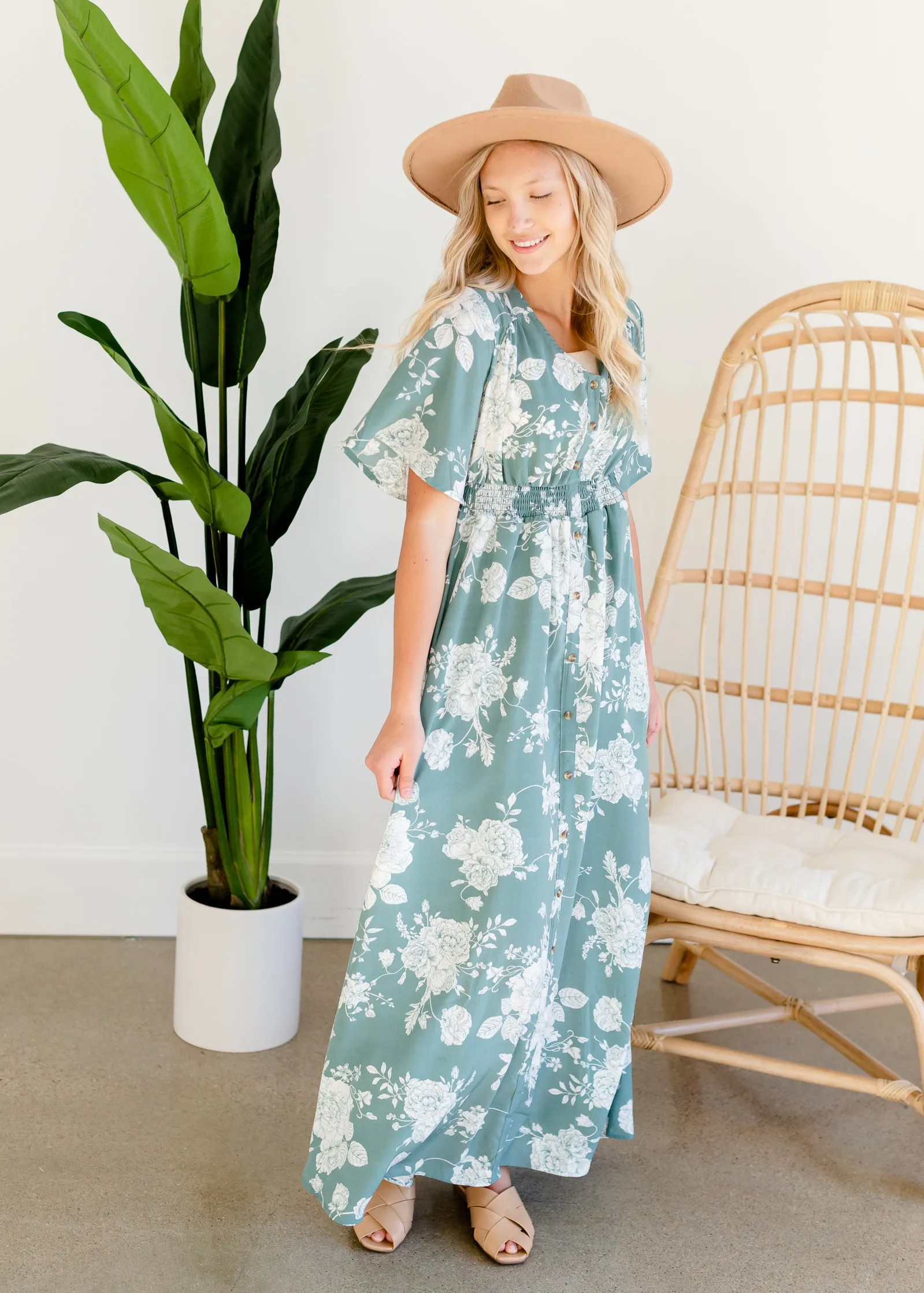 Floral Teal Button Up Maxi Dress