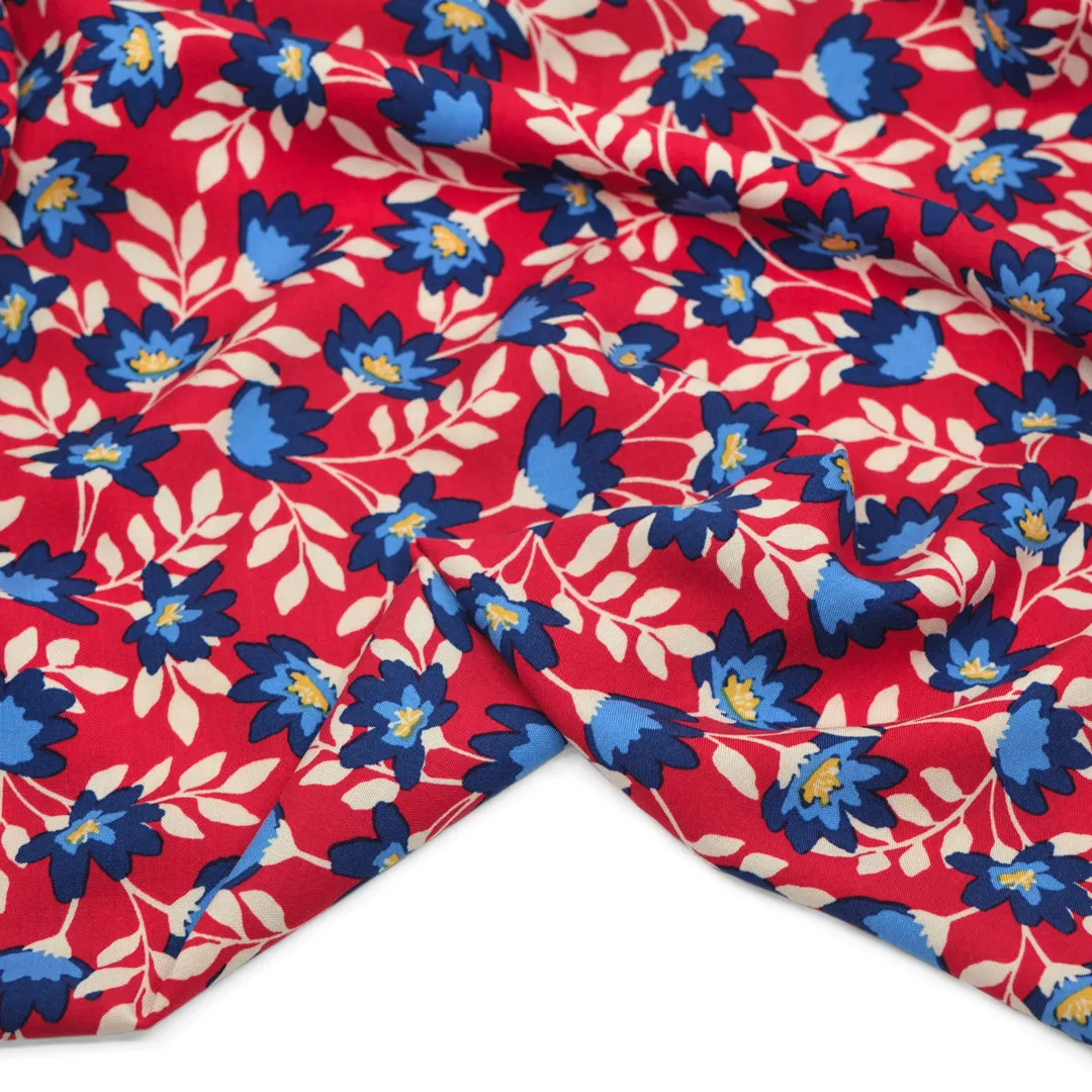 Flowering Vines Rayon Challis - Crimson/Blue