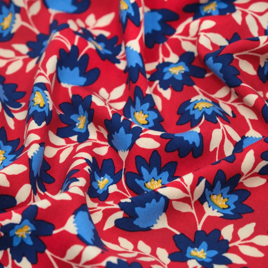 Flowering Vines Rayon Challis - Crimson/Blue