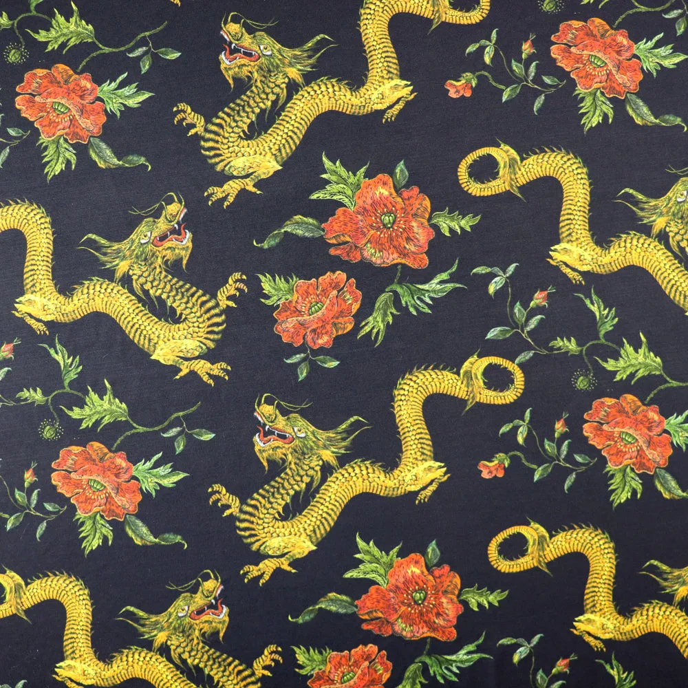 FS702 Dragon Floral Silky Stretch Knit Fabric Black